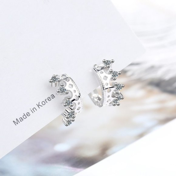 NEW Sterling Silver Diamond Crown Hoop Earrings - Picture 6 of 6